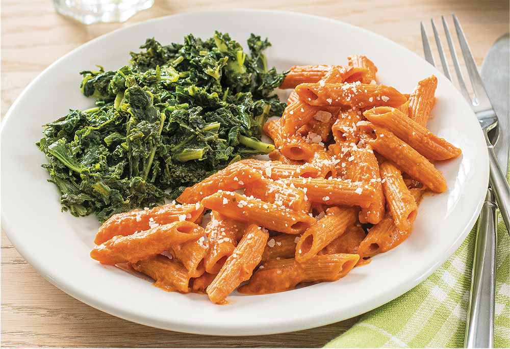 Chickpea Penne Pasta with Amore Blush Sauce and Side of Sautéed Greens
