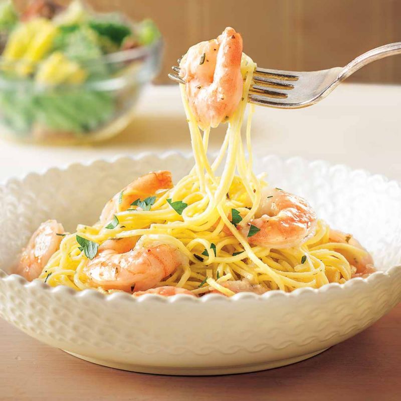 Gold Pan Shrimp Scampi with Angel Hair Pasta and Amore Caesar Salad