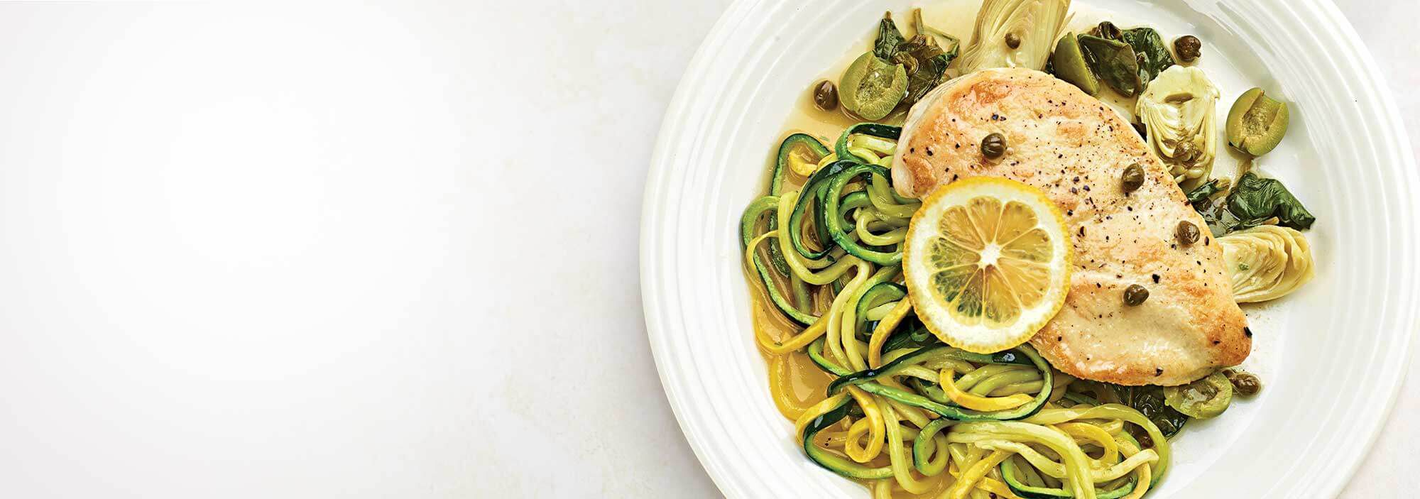 Lemon chicken, zoodles, and veggies