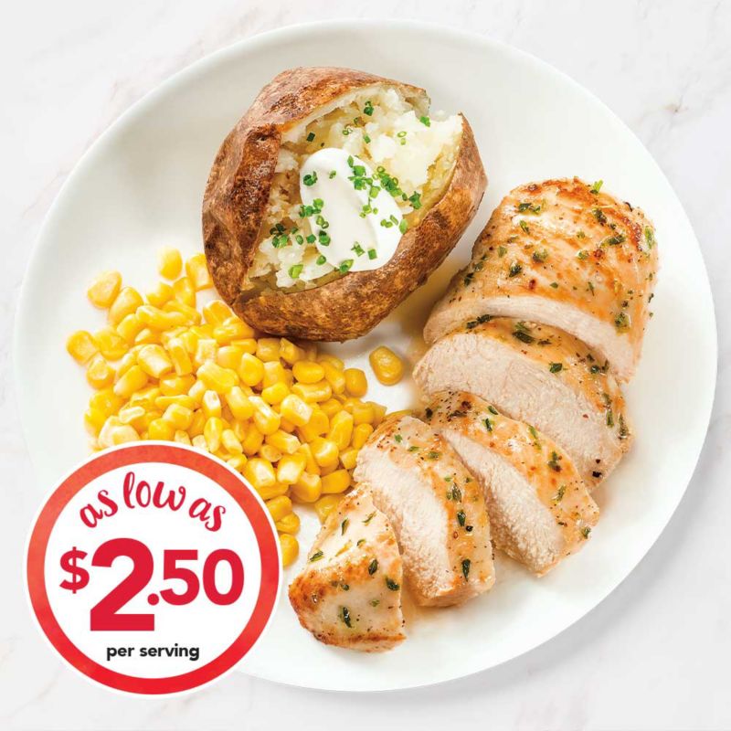 Pan-Seared Chicken Breasts with Baked Potatoes & Corn