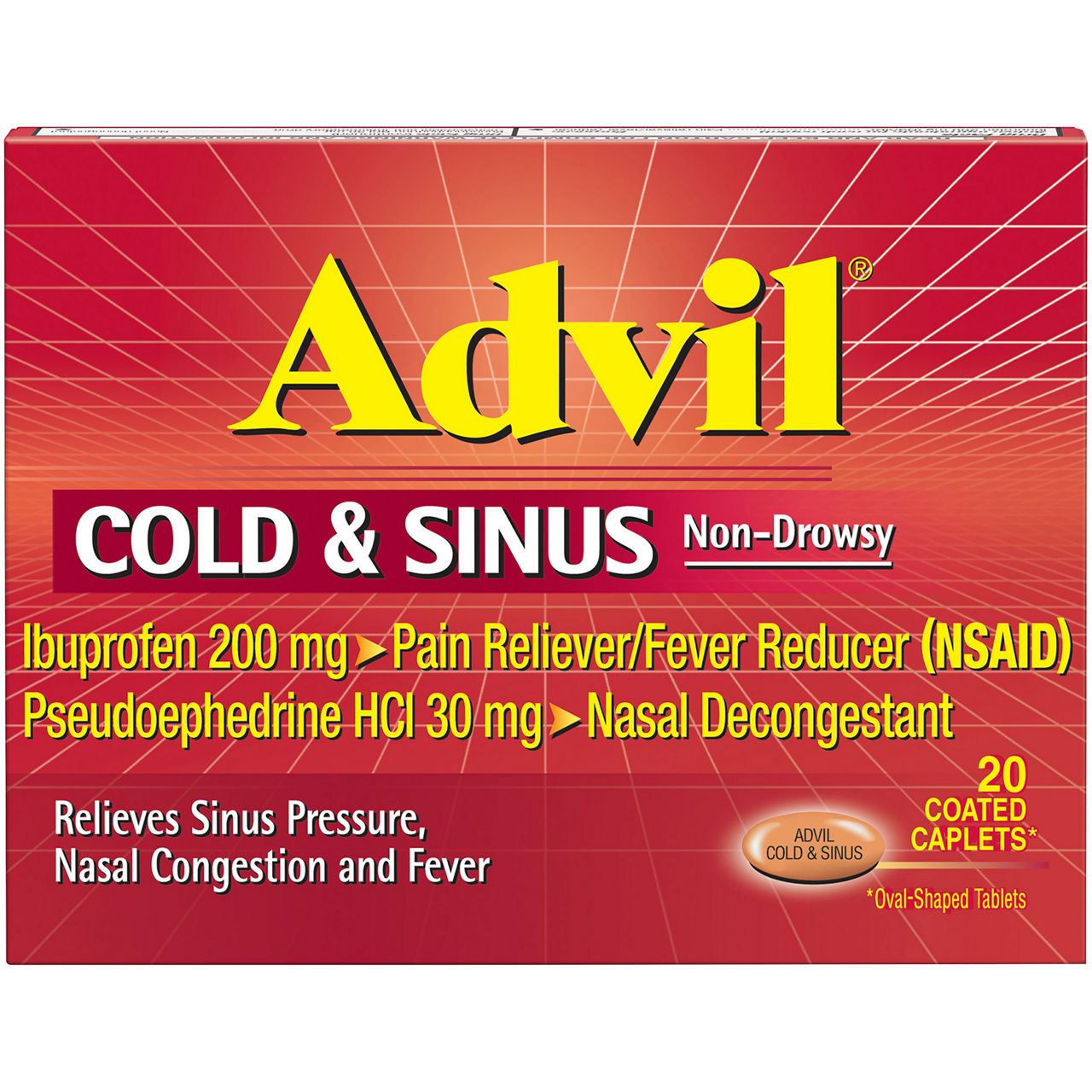 ADVIL Cold and Sinus Relief, Cold Medicine with Ibuprofen and Pseudoephedrine HCl - 20 Caplets