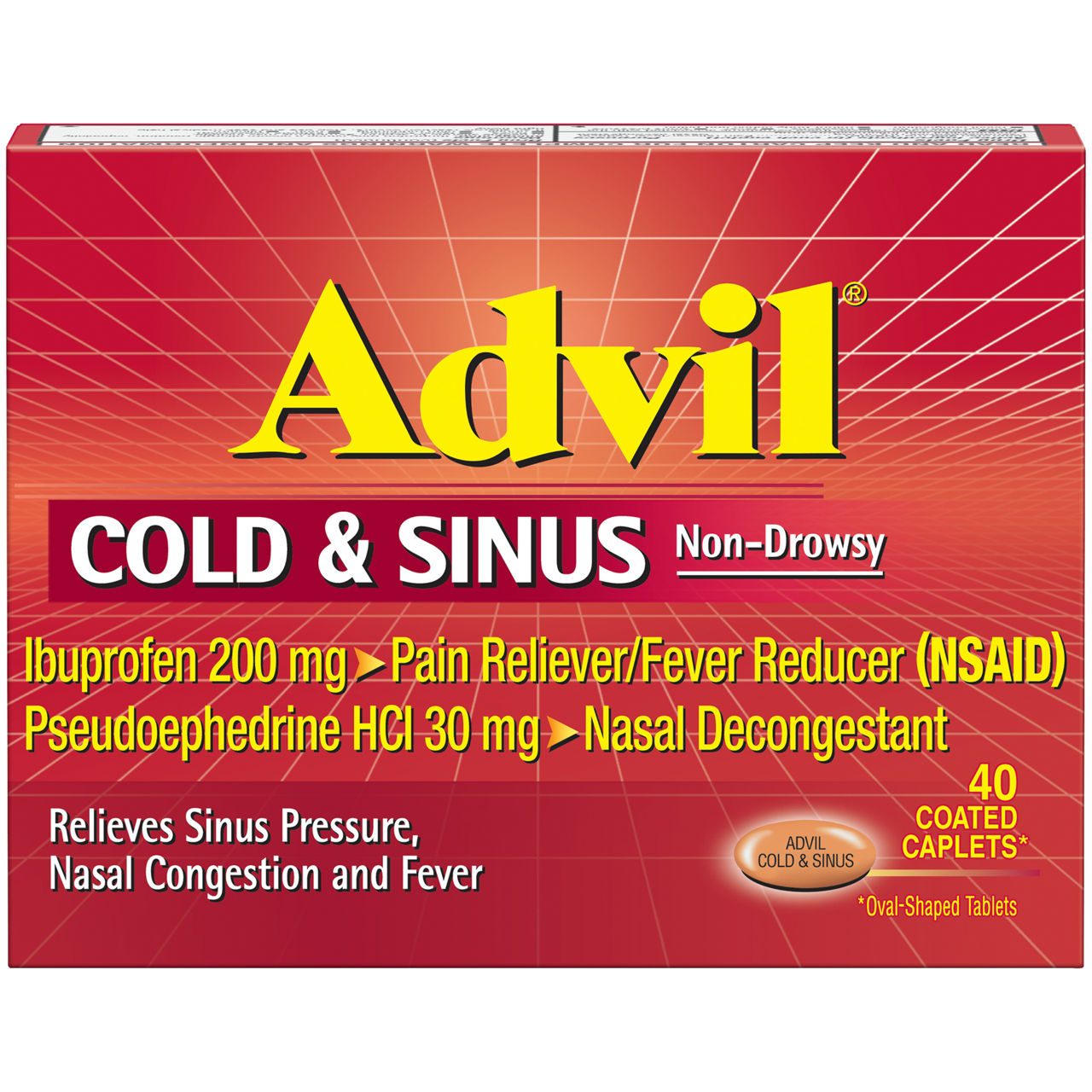 ADVIL Cold and Sinus Relief, Cold Medicine with Ibuprofen and Pseudoephedrine HCl - 40 Coated Caplets