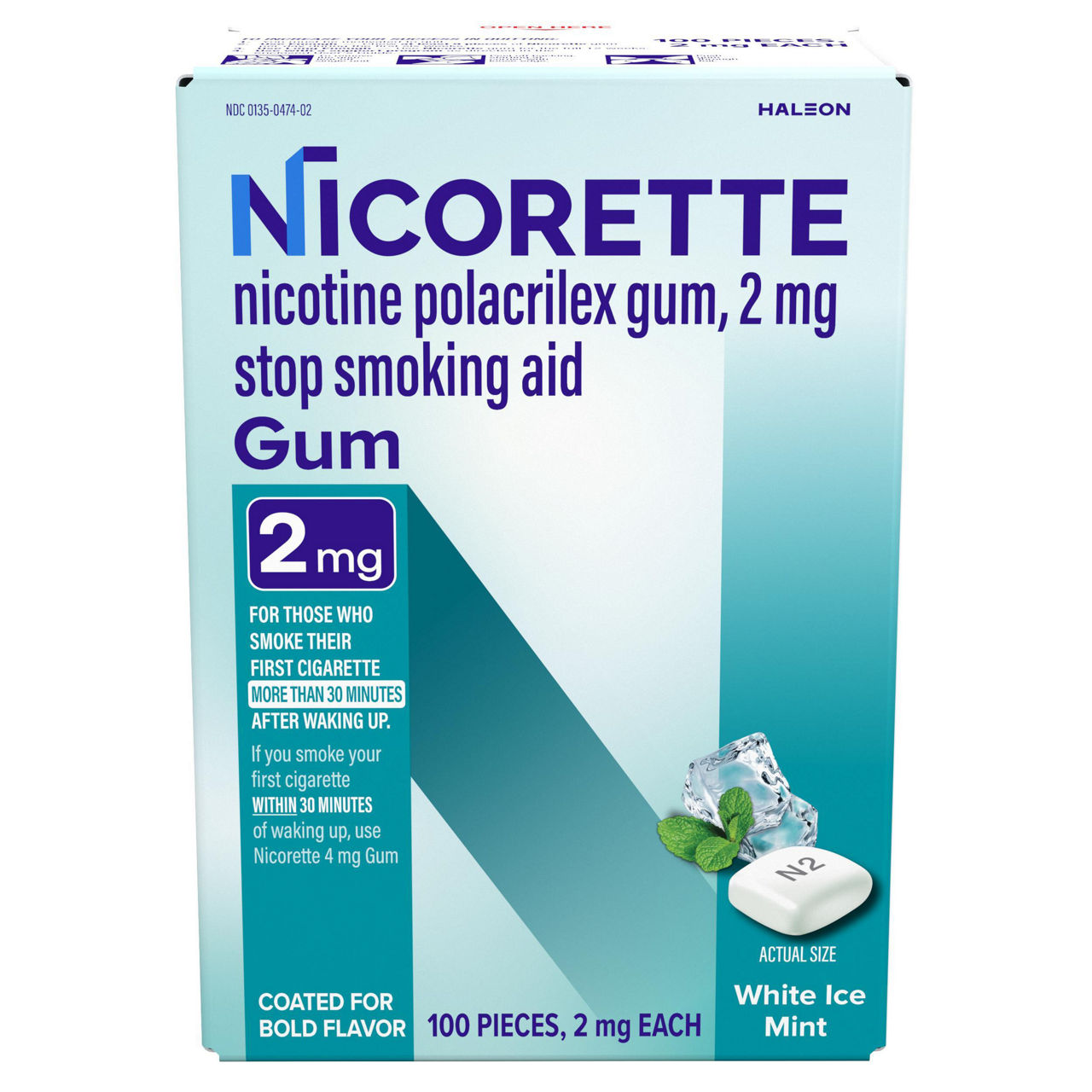NICORETTE Nicotine Gum, Stop Smoking Aid, 2 mg, White Ice Mint Flavor, 100 count