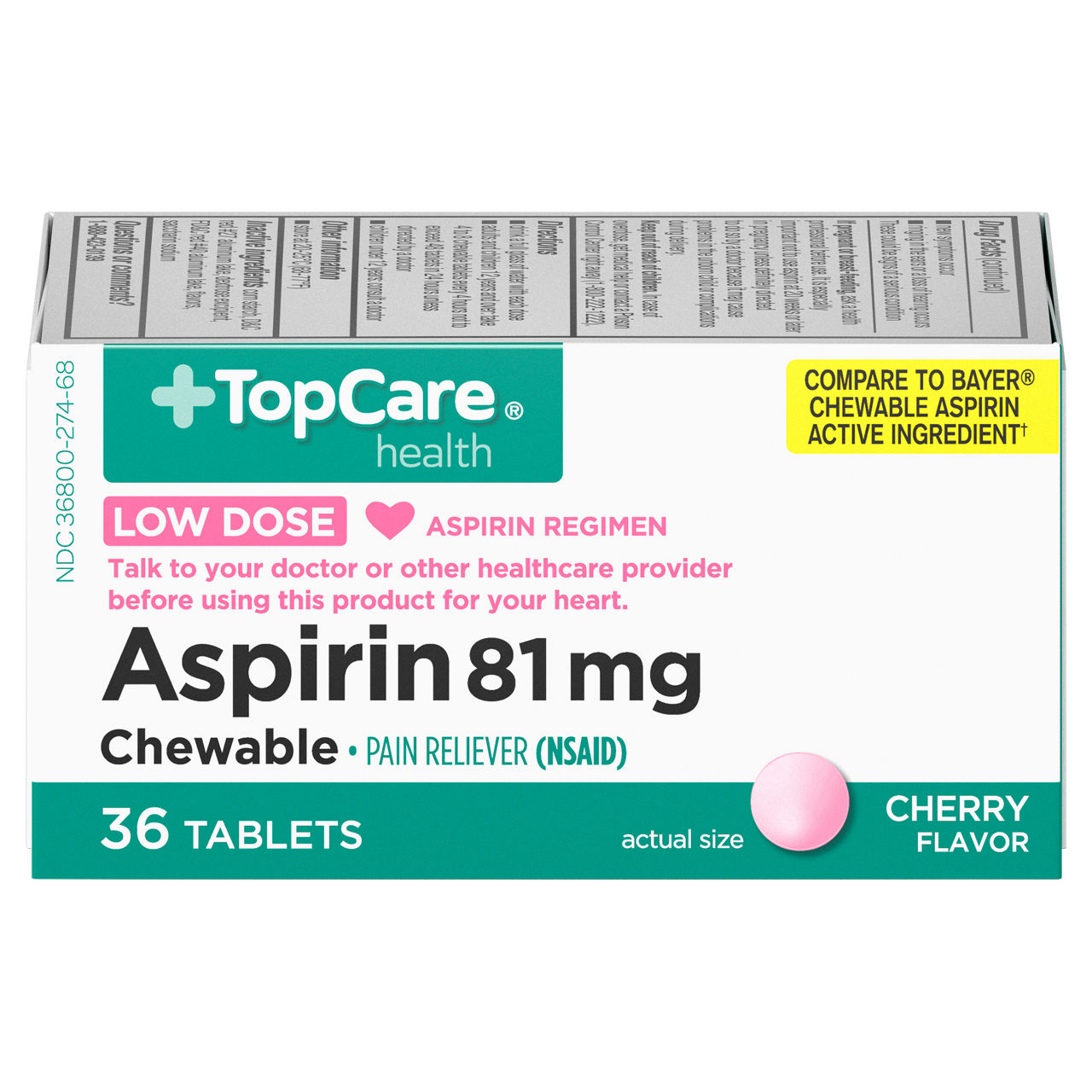 TopCare Health Aspirin, Low Dose, 81 mg, Cherry Flavor, Chewable