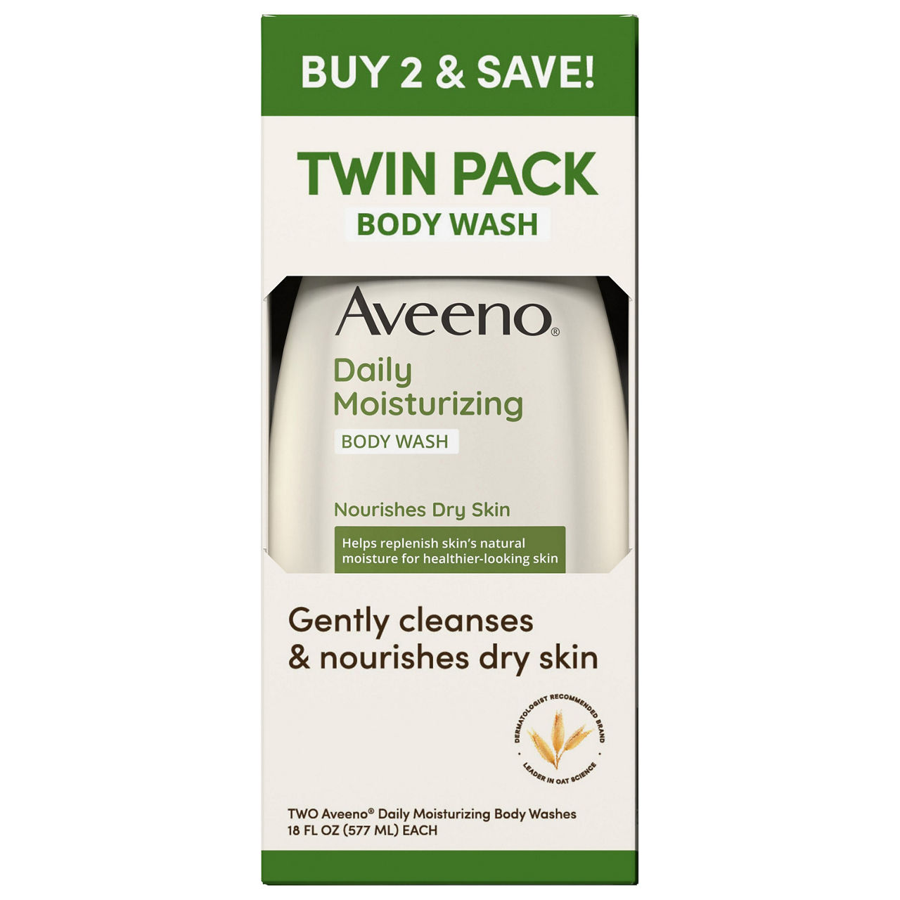 Aveeno Daily Moisturizing Body Wash with Soothing Oat Twin Pack 2 × 18 fl oz (36 fl oz total) product package