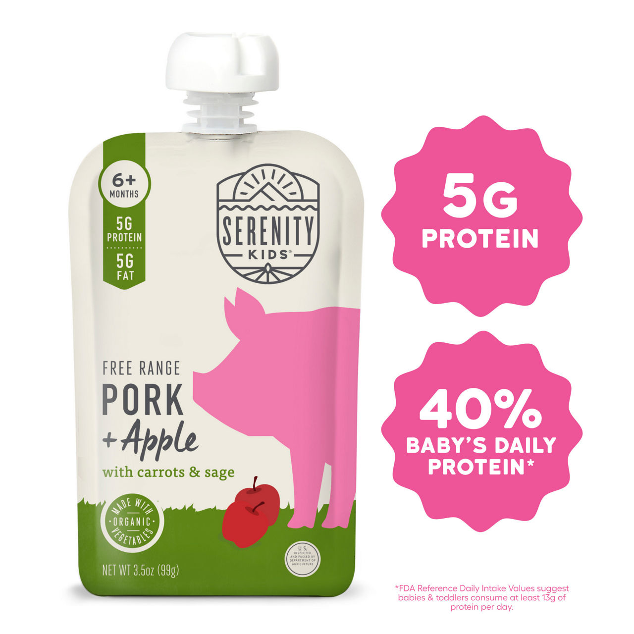 Serenity Kids Fee-range pork, savory veggies, and olive oil for a