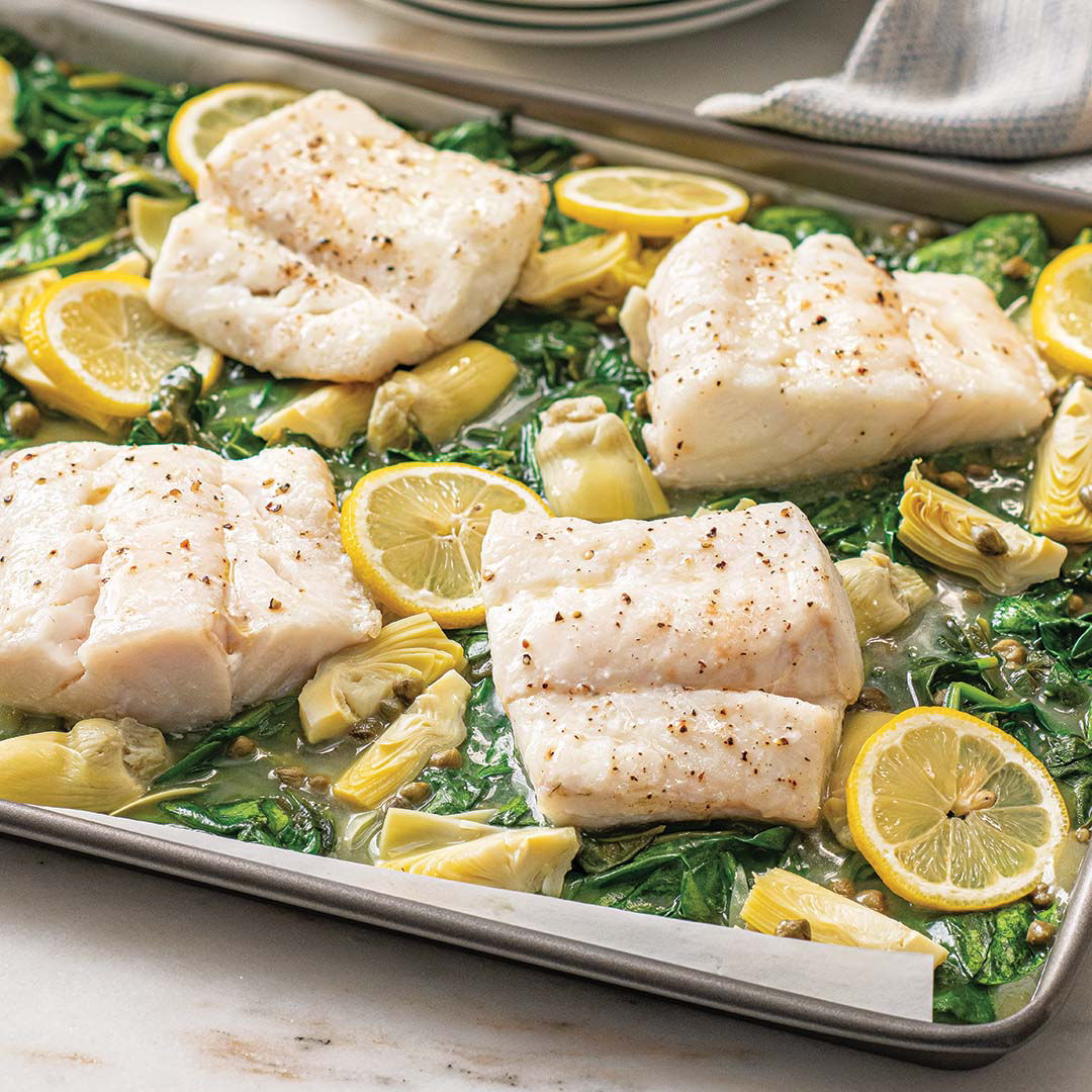 Sheet Pan Lemon Butter Cod with Artichokes & Spinach