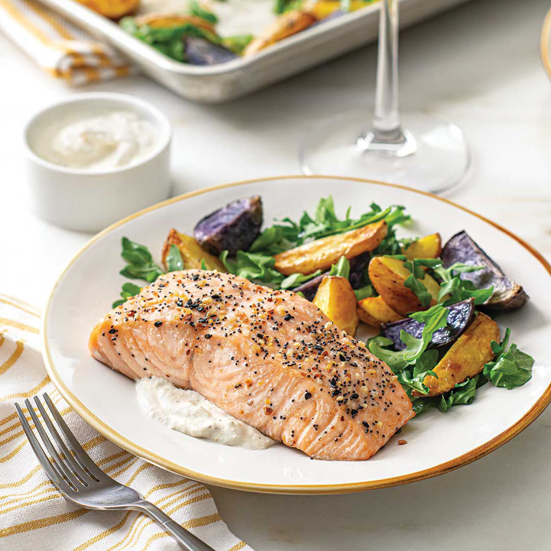 Sheet Pan Everything Salmon with Potatoes & Arugula