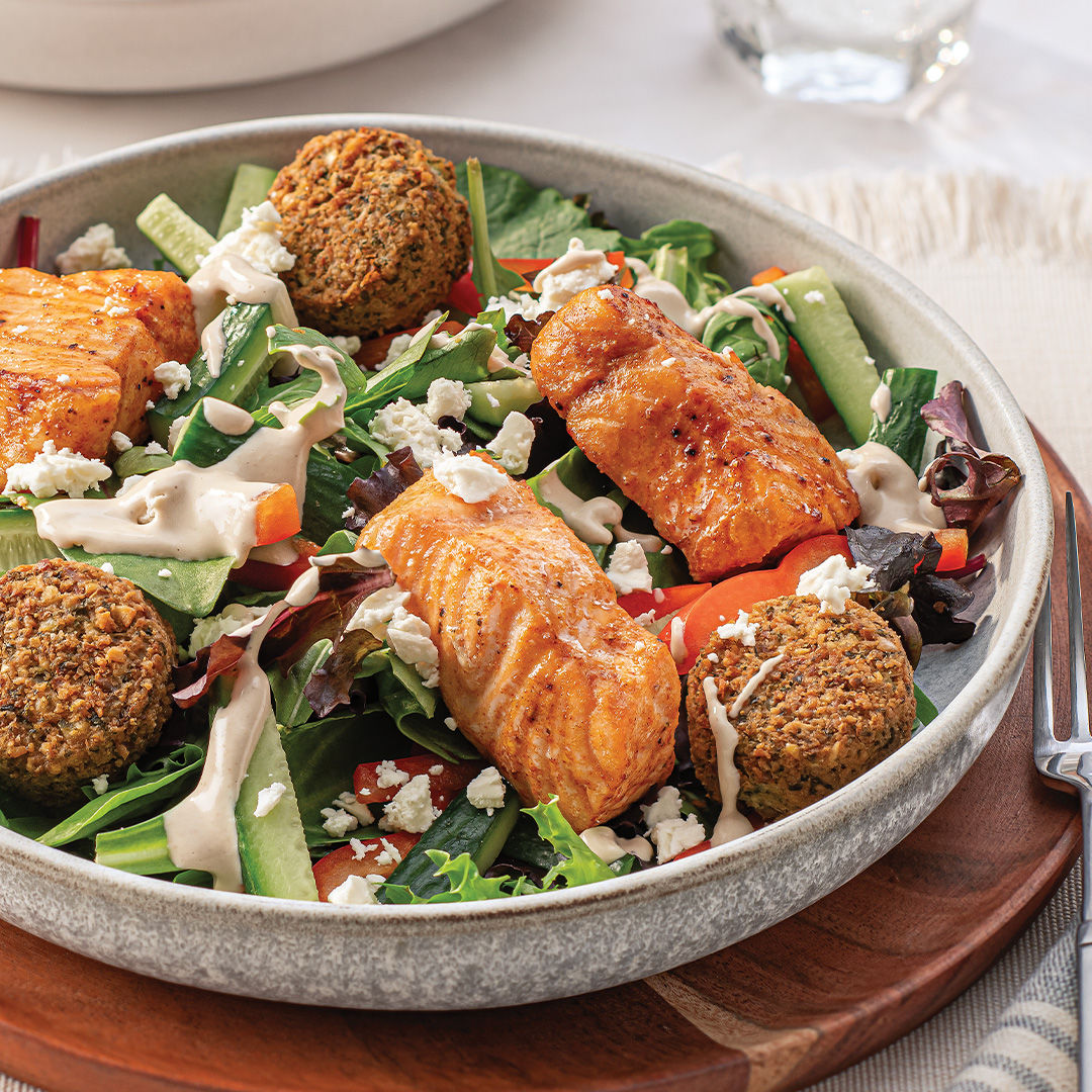 Shawarma Salmon & Falafel Salad with Tahini Dressing