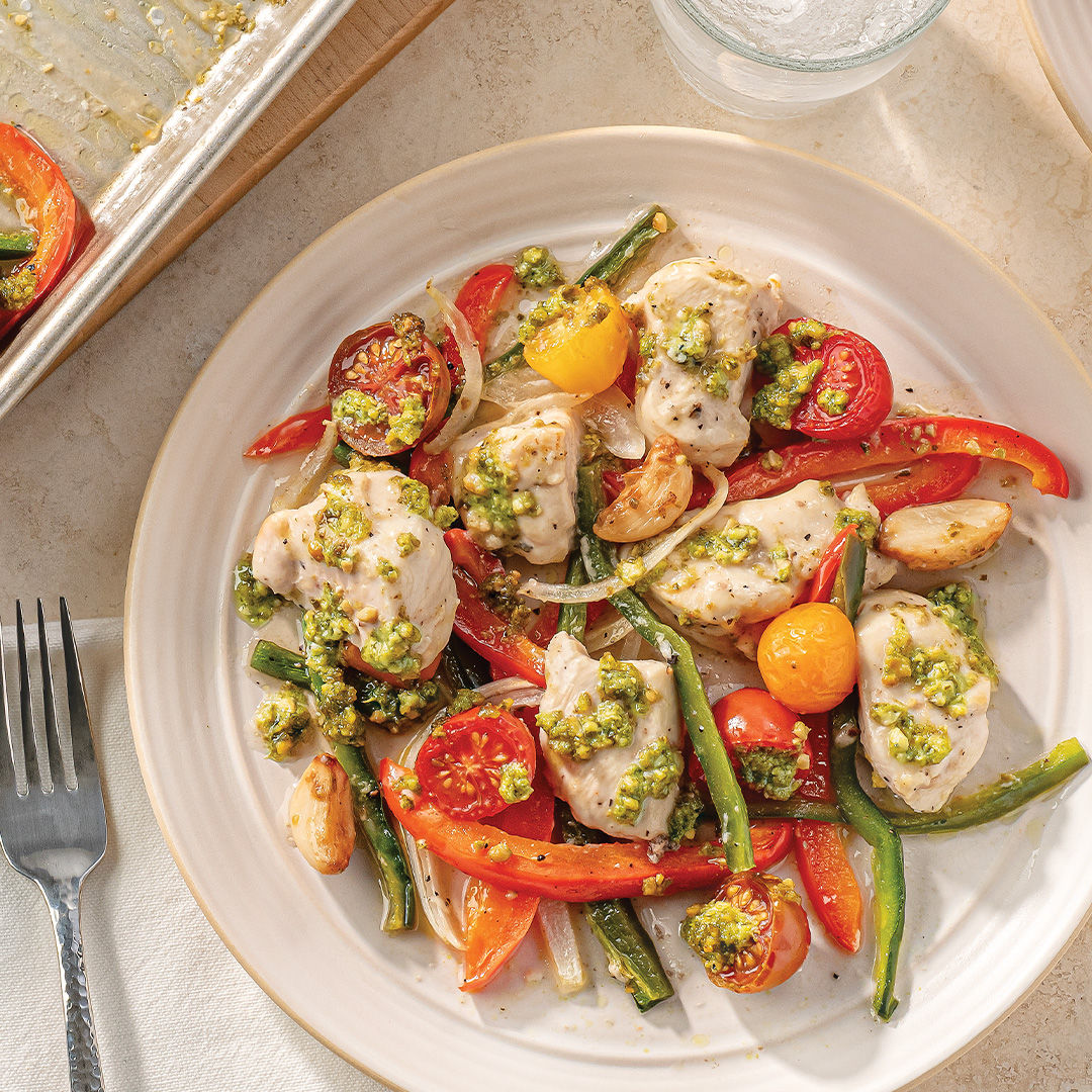 Sheet Pan Chicken with Pesto, Peppers & Tomatoes